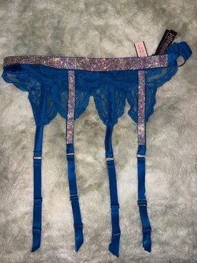 Victoria’s Secret blue RHINESTONE lacy garter belt w garter straps lingerie